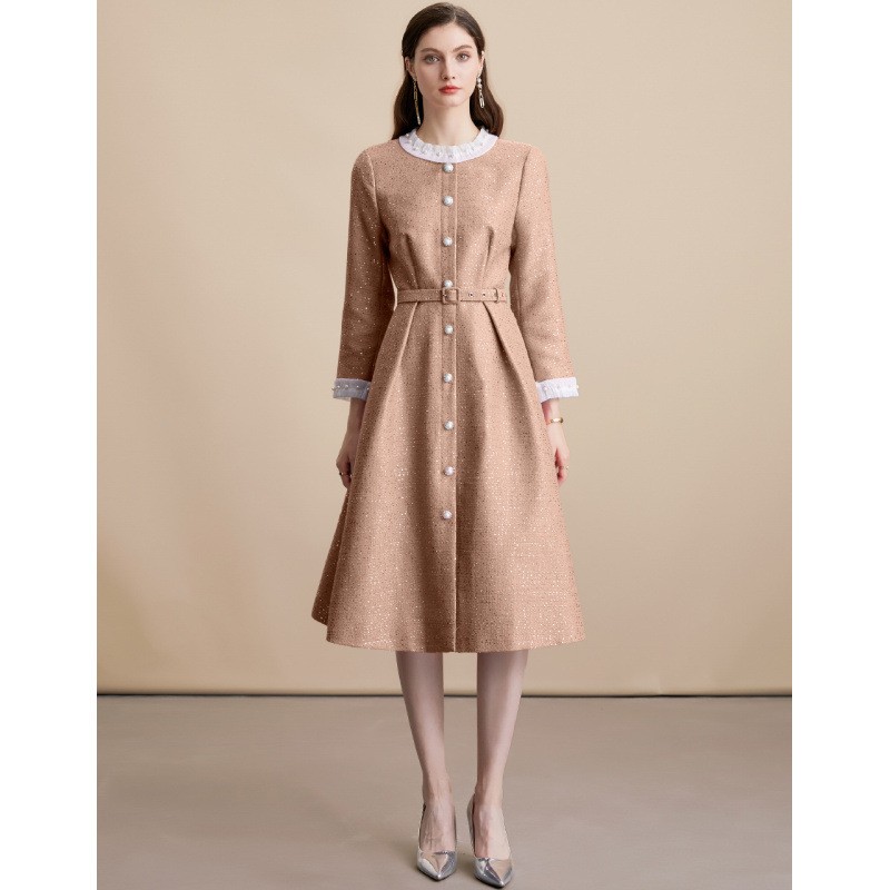 New Women’s Woolen Sequins Single-breasted Celebrity A-Line Long Party Dresses