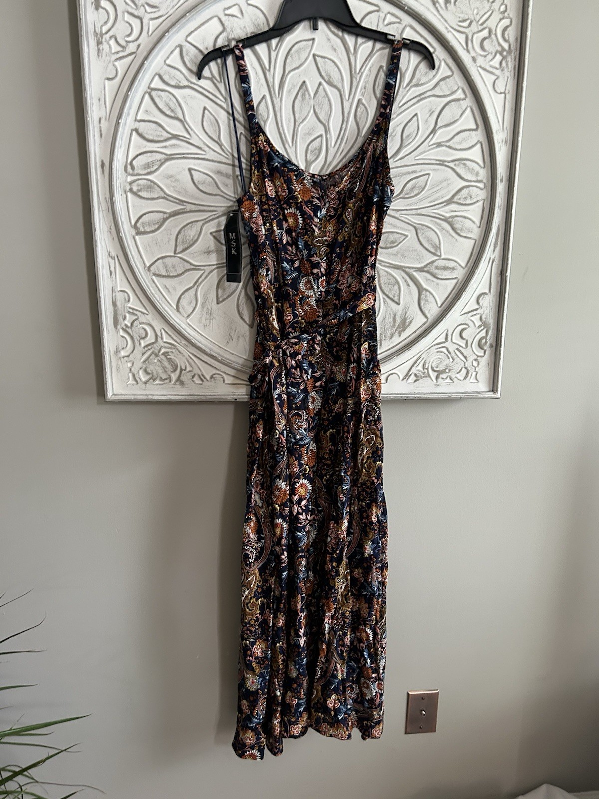 MSK Women’s Paisley Chiffon Maxi Dress V-Neck Spaghetti Strap XL Navy/Multicolor