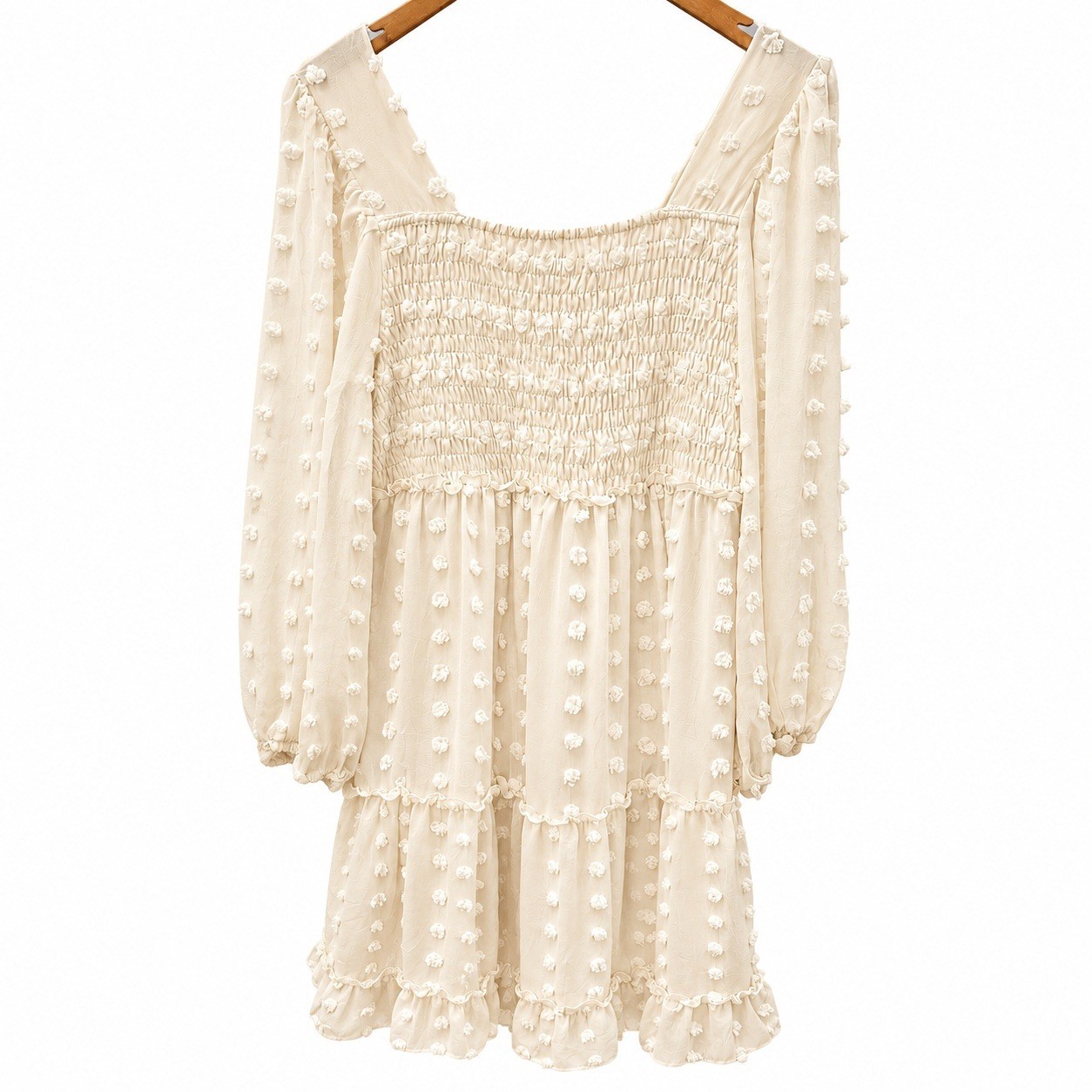 White Birch Cream Swiss Dot Smocked Mini Dress Puff Sleeve Boho Cottagecore XL