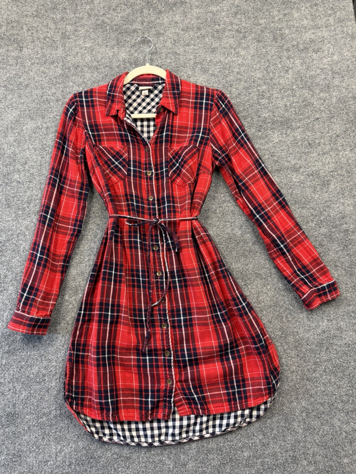 Merona Red Plaid Tunic Button Up Dress Size S