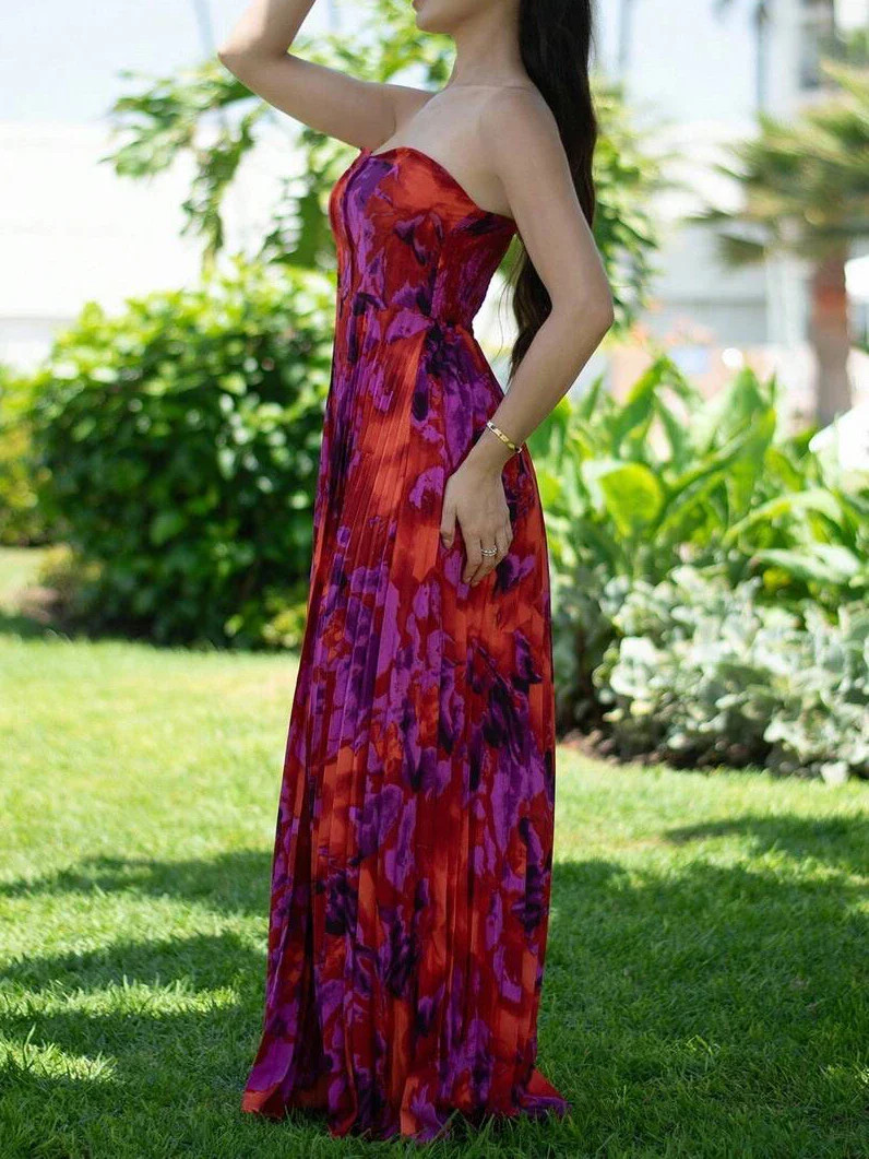 New Elegant Purple Waist-Cinched Pleated Full Print Dress