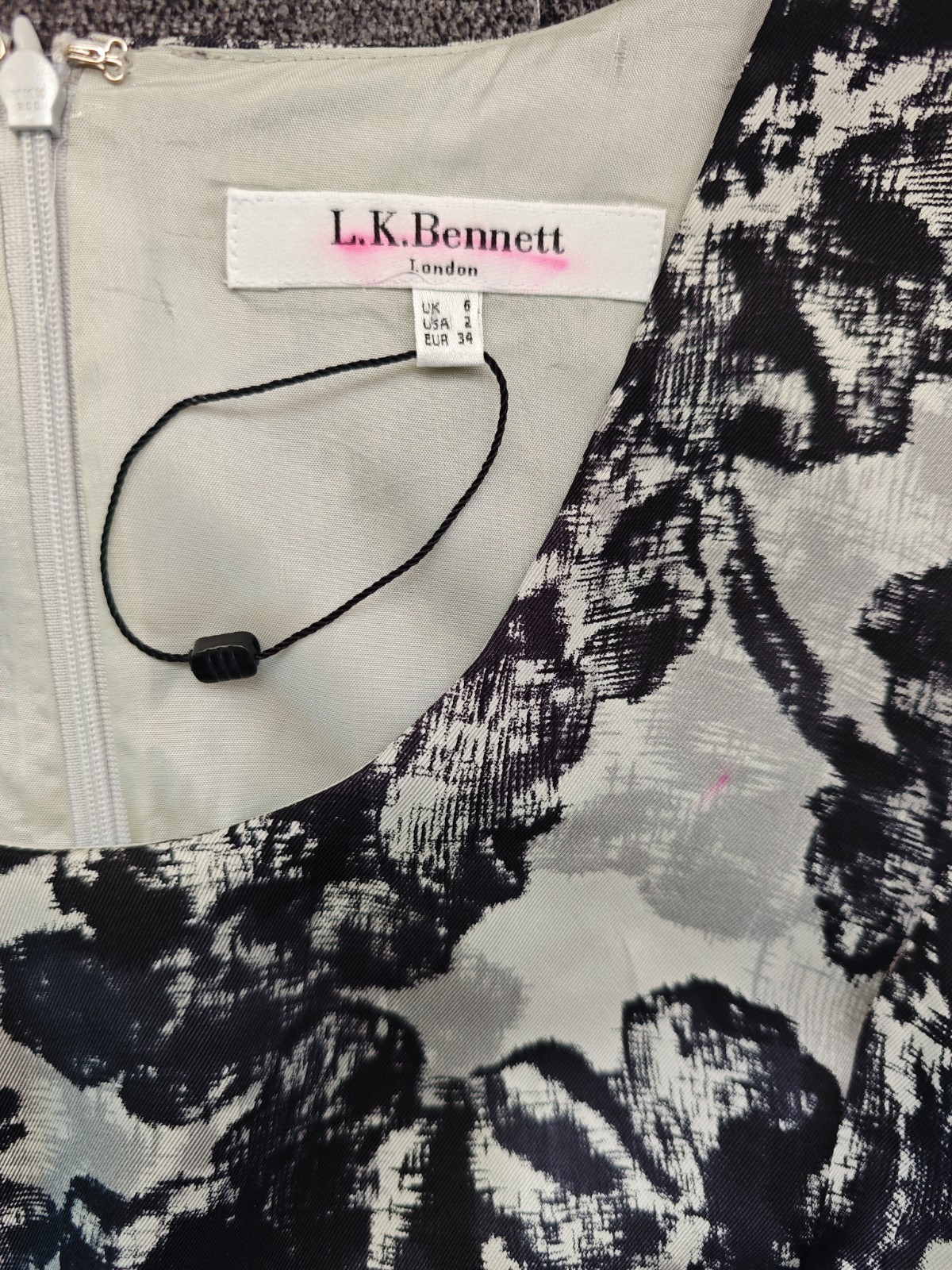 LK Bennett Designer Silk Dress Graphic Floral Black Gray UK6/US2/EU34