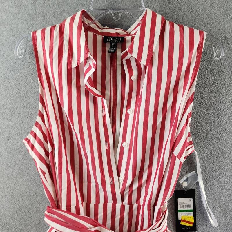 Jones New York Striped Tie-Waist Sleeveless Midi Shirtdress Women L Rouge/White