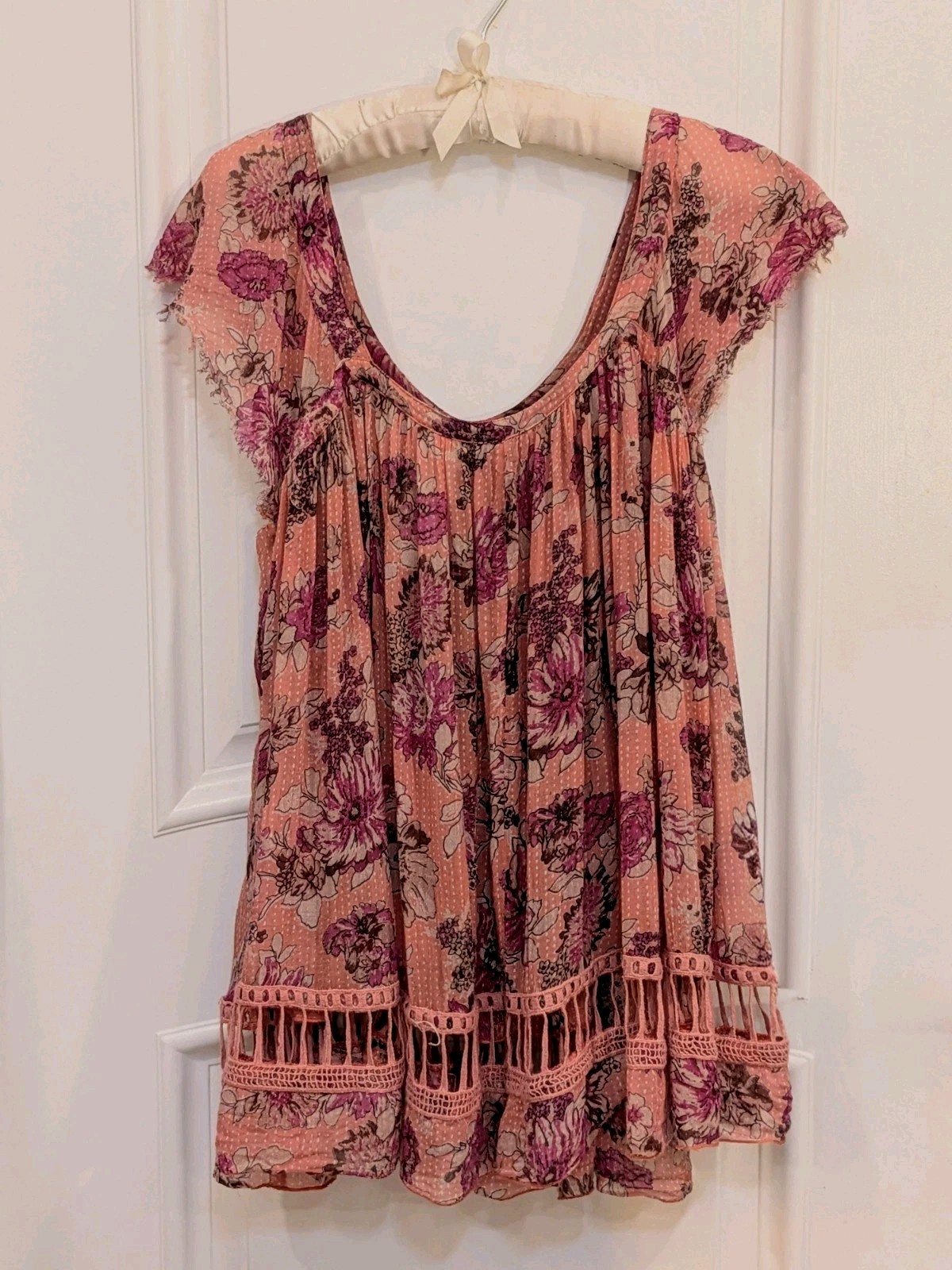 Free People Semi Sheer Floral Pink And Orange Baby Doll Dress Crochet Hem S