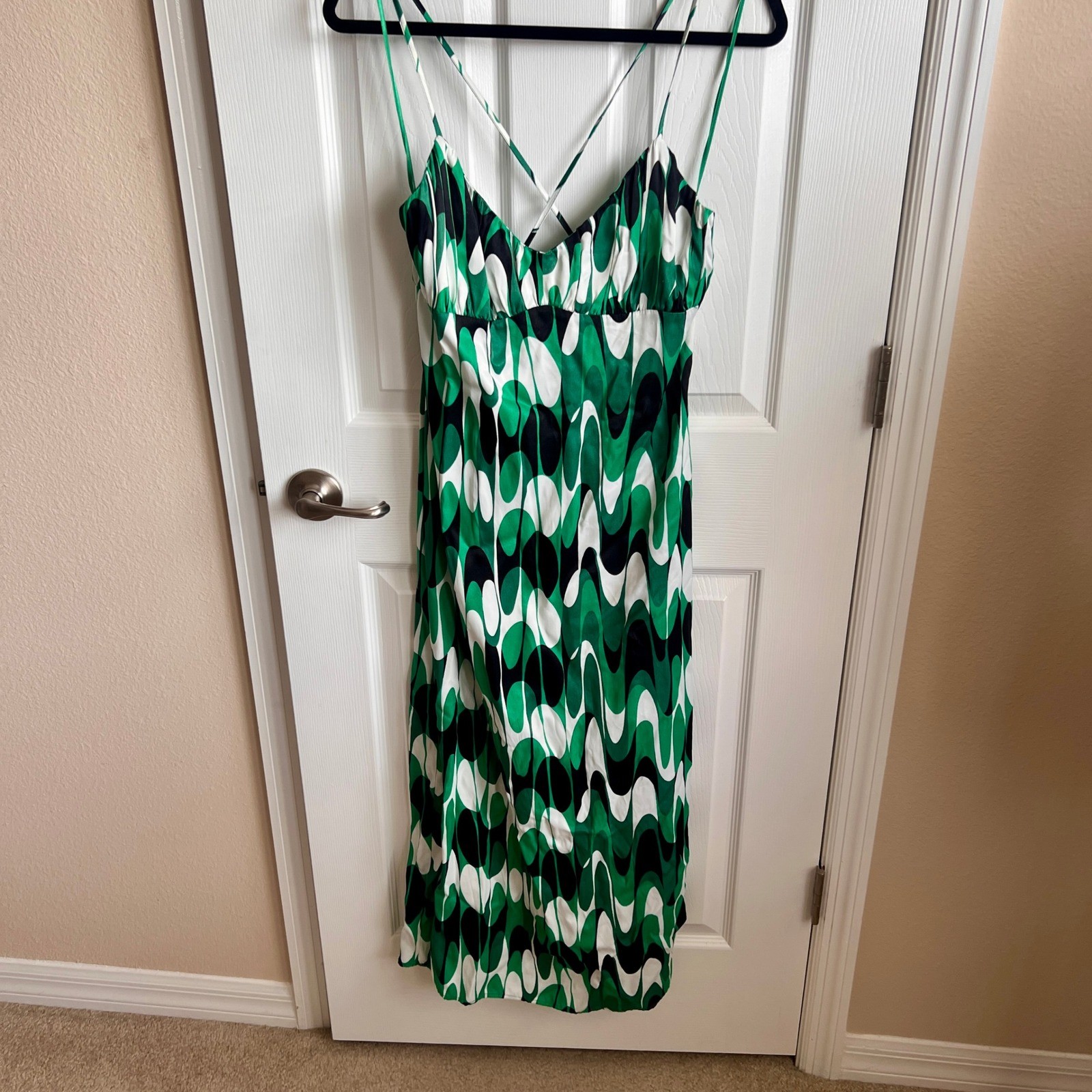 New Zara Abstract Green White Black Dress Cami Strap Crisscross Back Ladies L