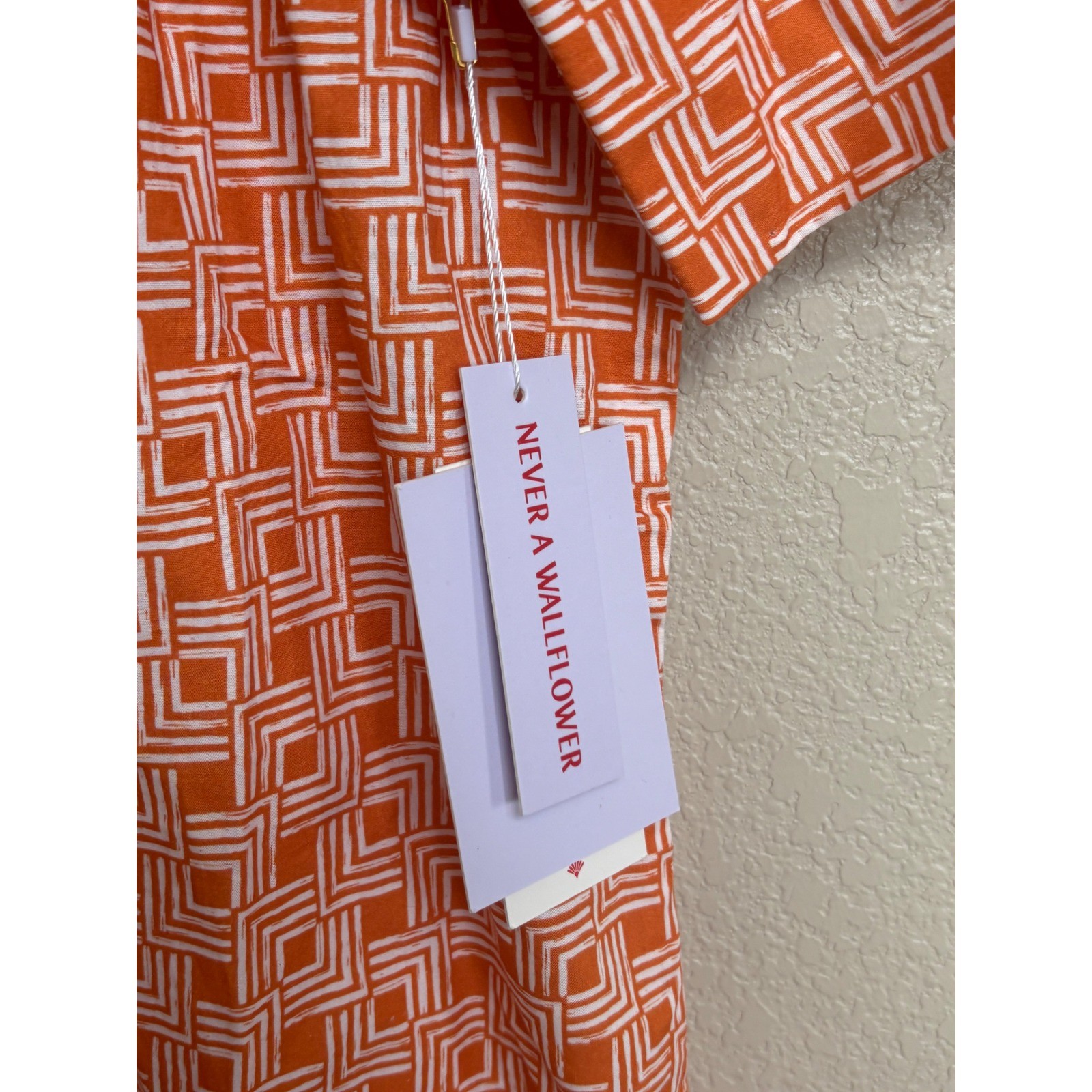 NWT Never A Wallflower Orange Geo Print Cotton Mini Shirt Dress Small