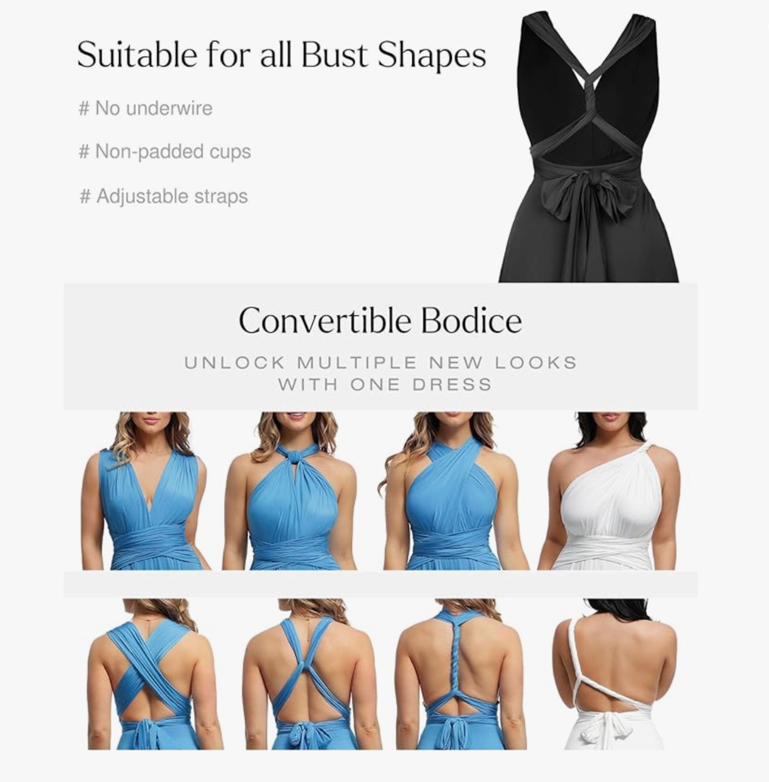 Popilush Infinity Shapewear Formal or Casual Convertible Midi Dress, Black, L