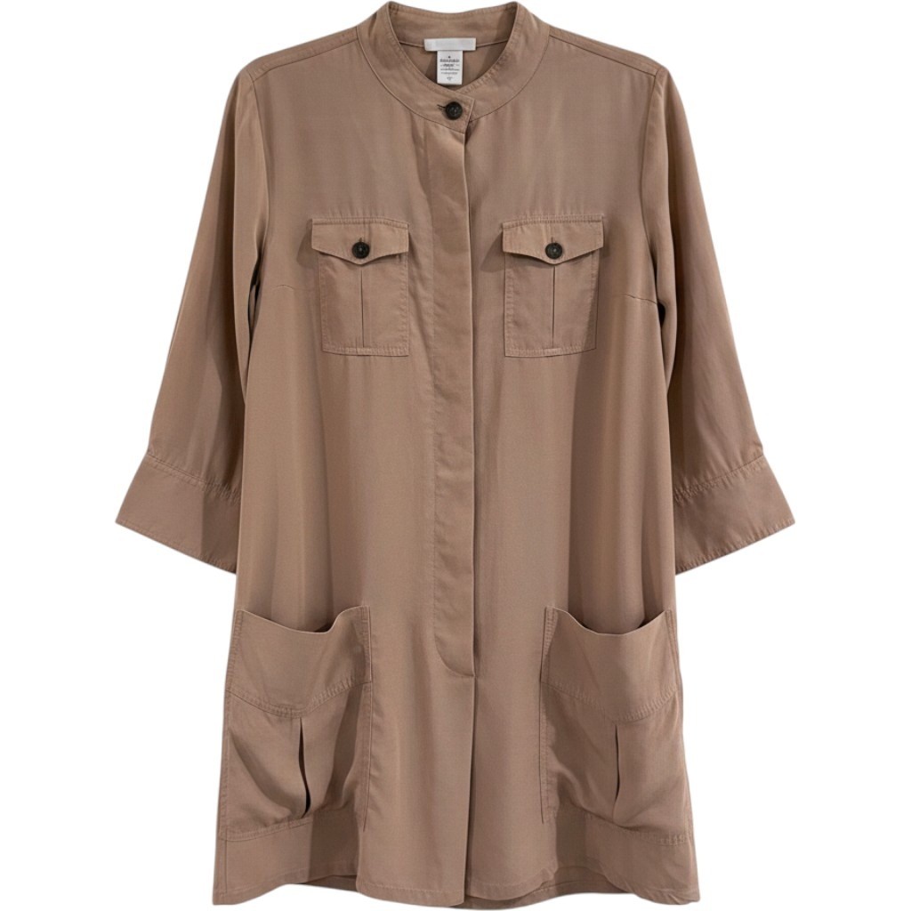 Soft Surroundings Tunic Shirt Dress Womens Petite MedTan Lyocell Safari Utility