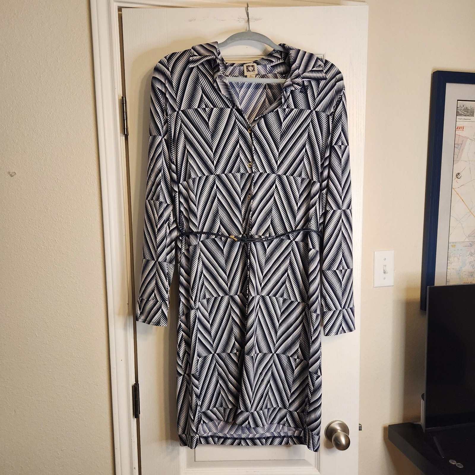 Anne Klein Navy and White Geometric Print Long Sleeve Shirt Dress with Belt