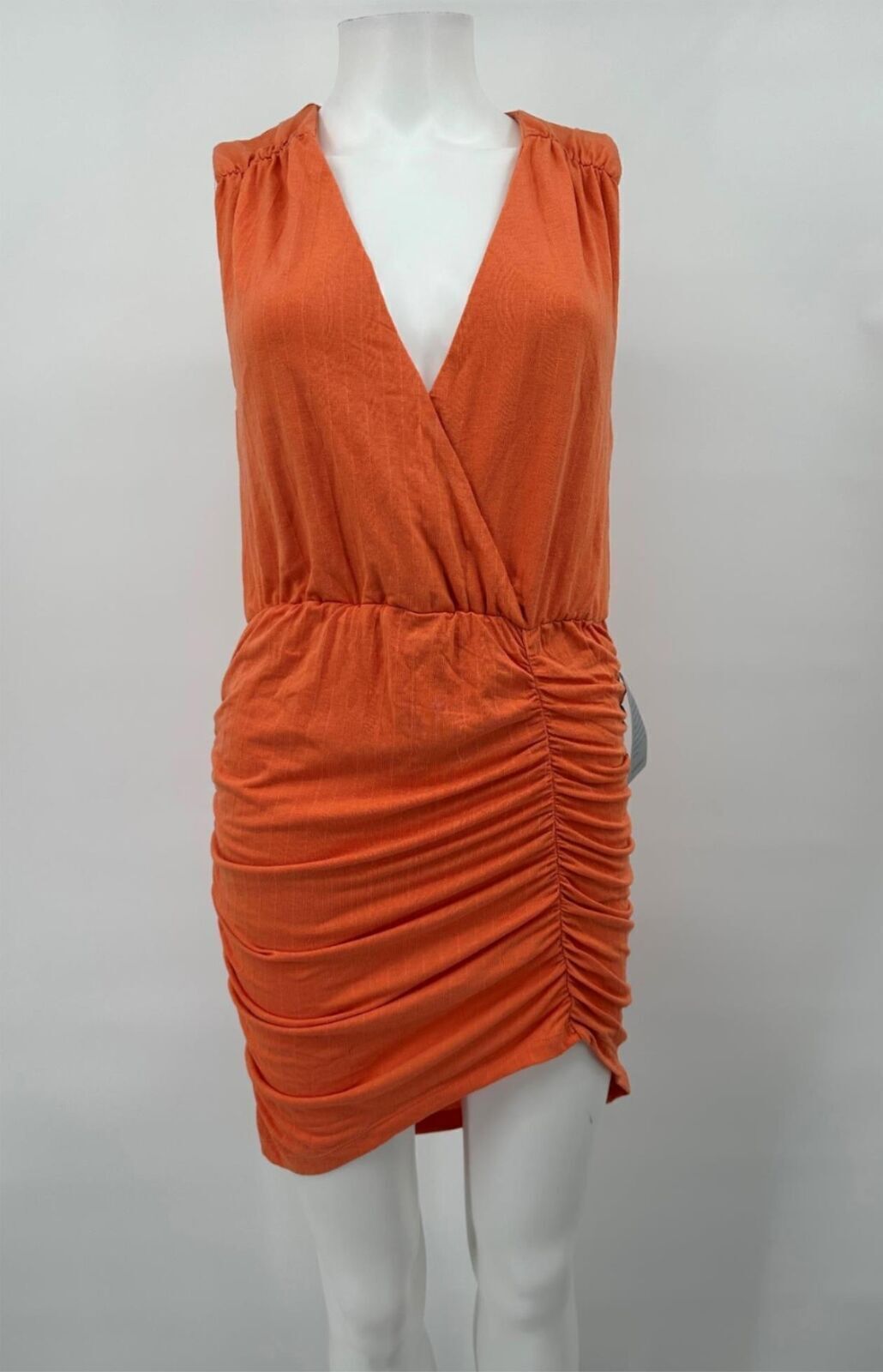 NSR Dress Orange Ribbed Stretch Surplice Ruched Sz S NEW NWT N172