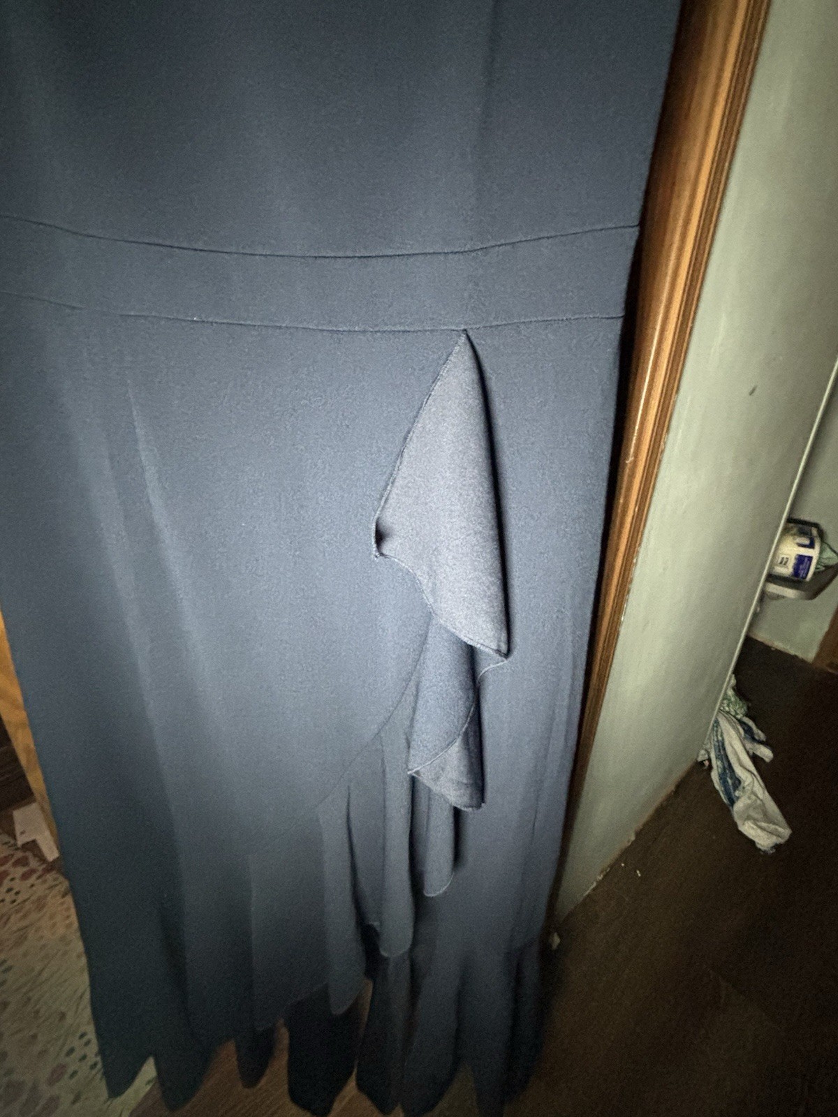 Women’s Navy Solid Pencil Dress L V-Neck Cap Sleeve Midi Zip Pleated