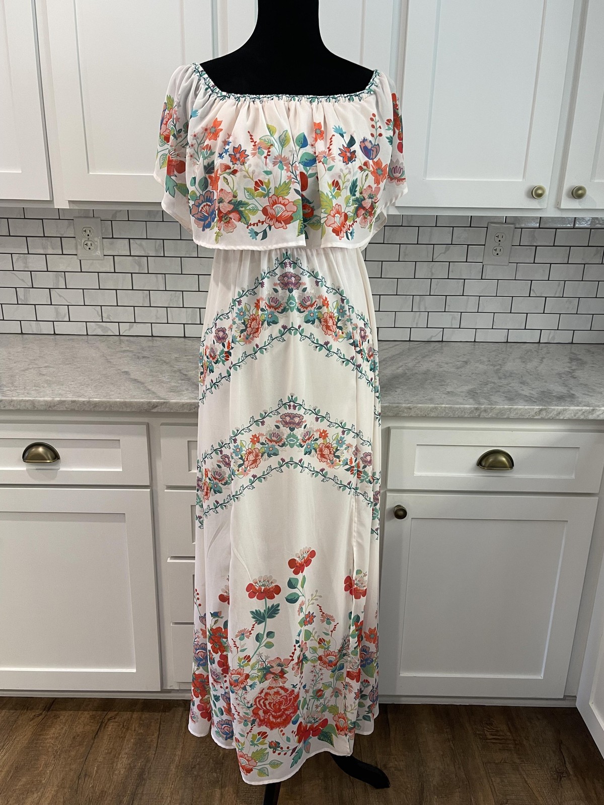 Jealous Tomato Dress Womens M White Floral Off Shoulder Ruffle Maxi Boho Fiesta