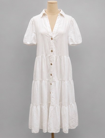 Zara White Linen Blend Smocked Waist V-Neck Tiered Mini Dress Large Puff Sleeve
