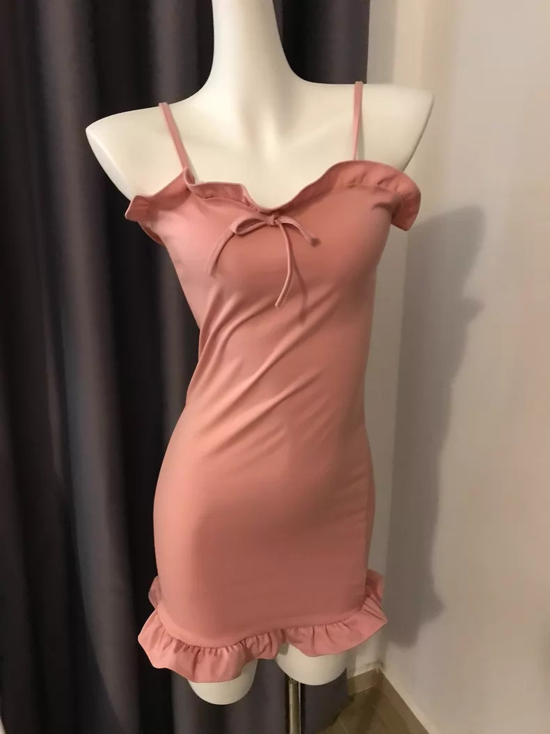 Pink Ruffle-Trimmed Spaghetti-Strap Dress