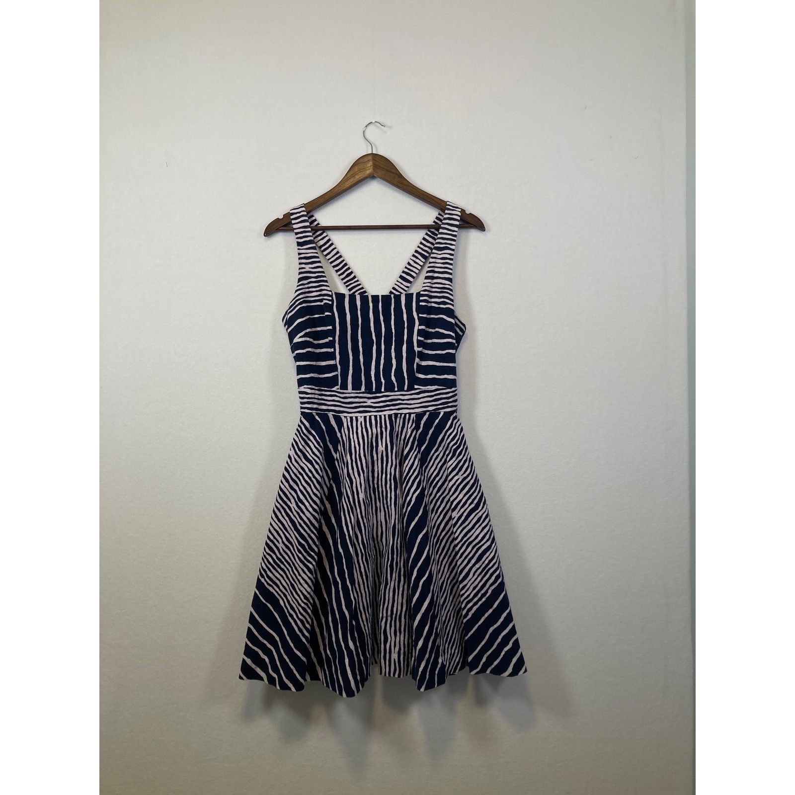 Eva Mendes New York Company Navy Pink Stripe Fit Flare Dress Size 10