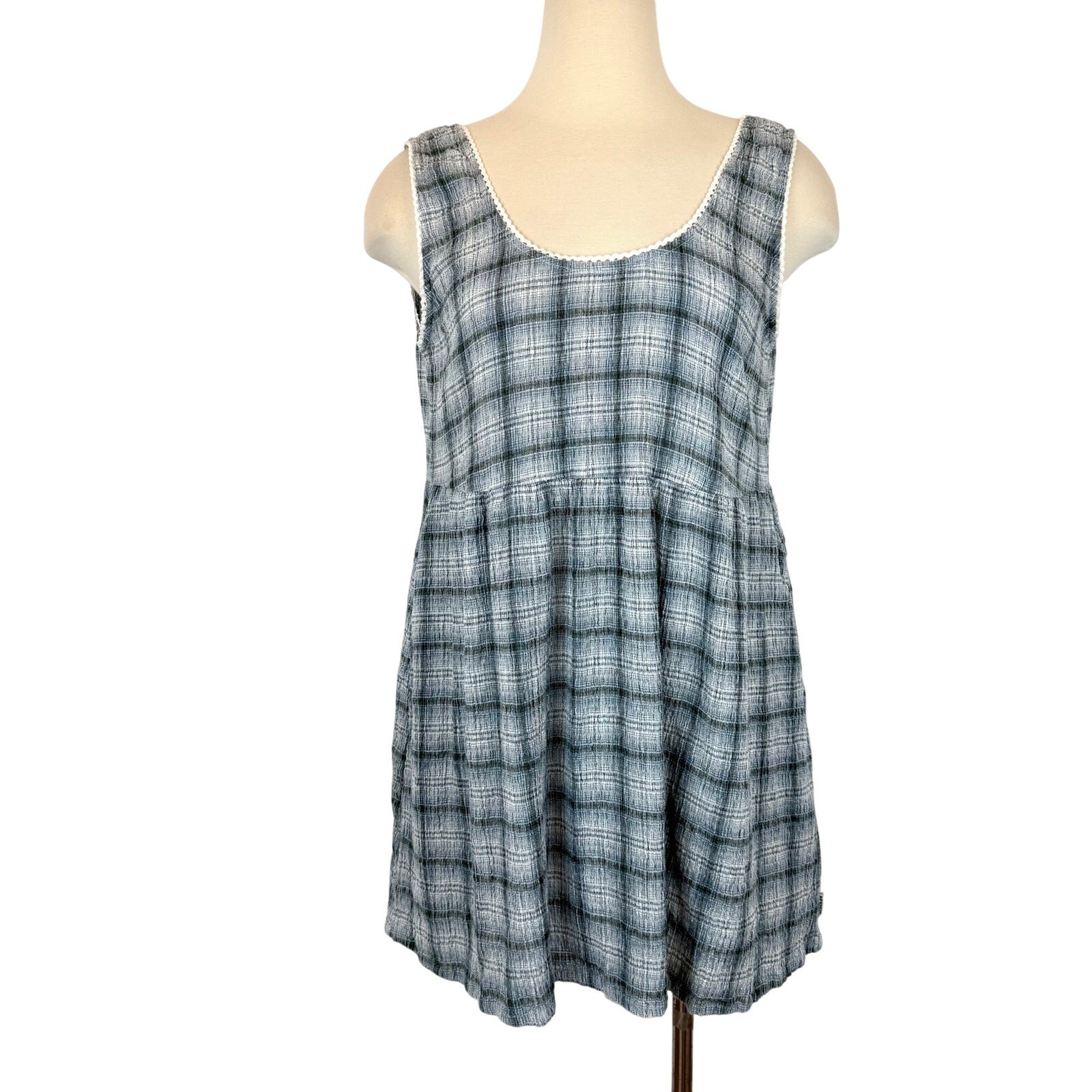 AFENDS Jesse Seersucker Mini Dress in Overcast Check XL Hemp Tencel