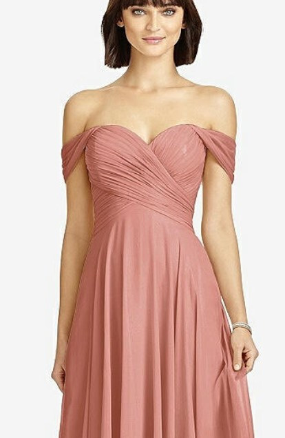 Dessy 2970….Off-the-Shoulder Draped Chiffon Maxi Dress…Desert Rose…Sz 0