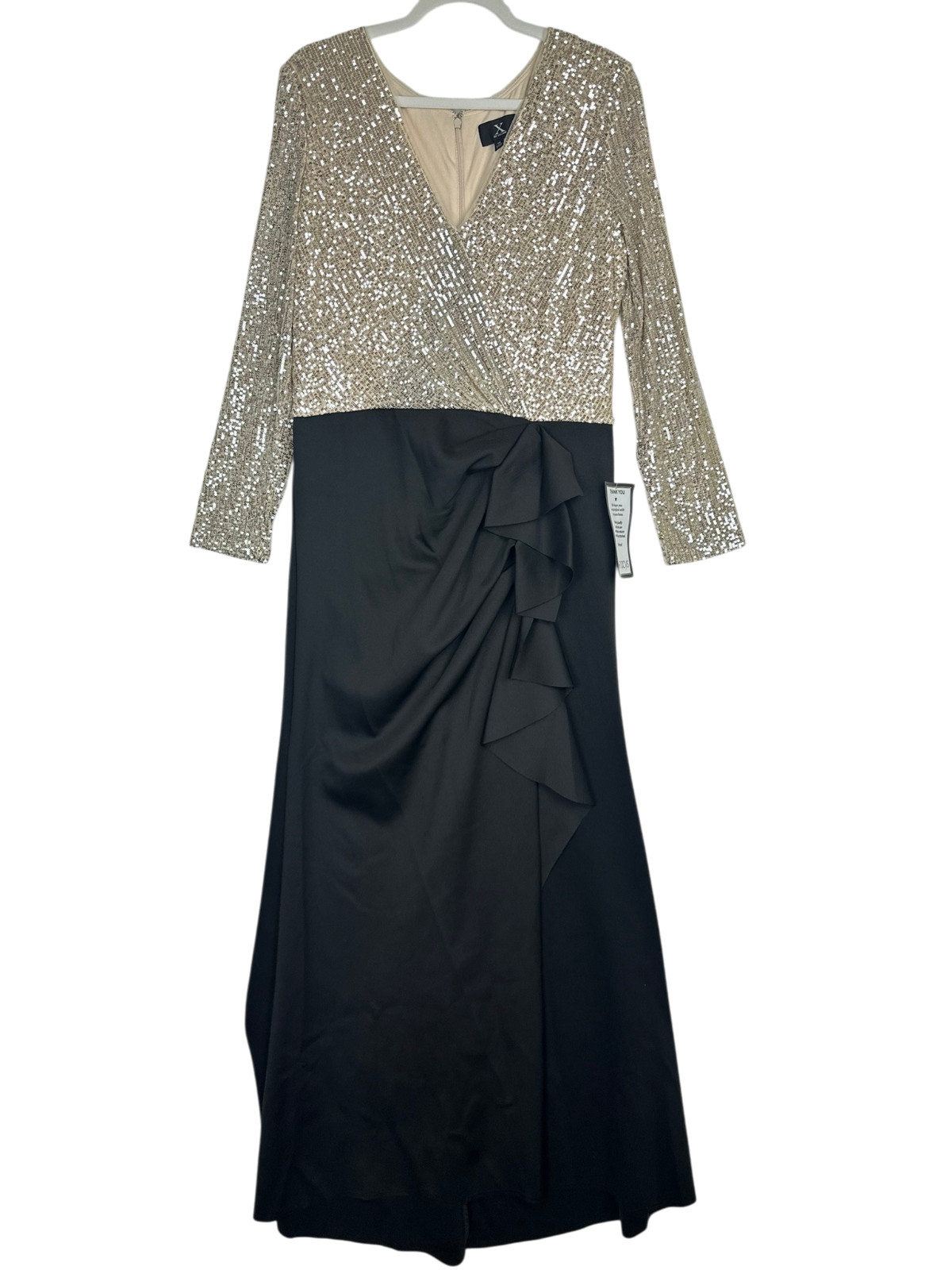 Xscape Sequin Gown 16 Black Silver Nude Ruffled Ruched Long Sleeve NWT $189