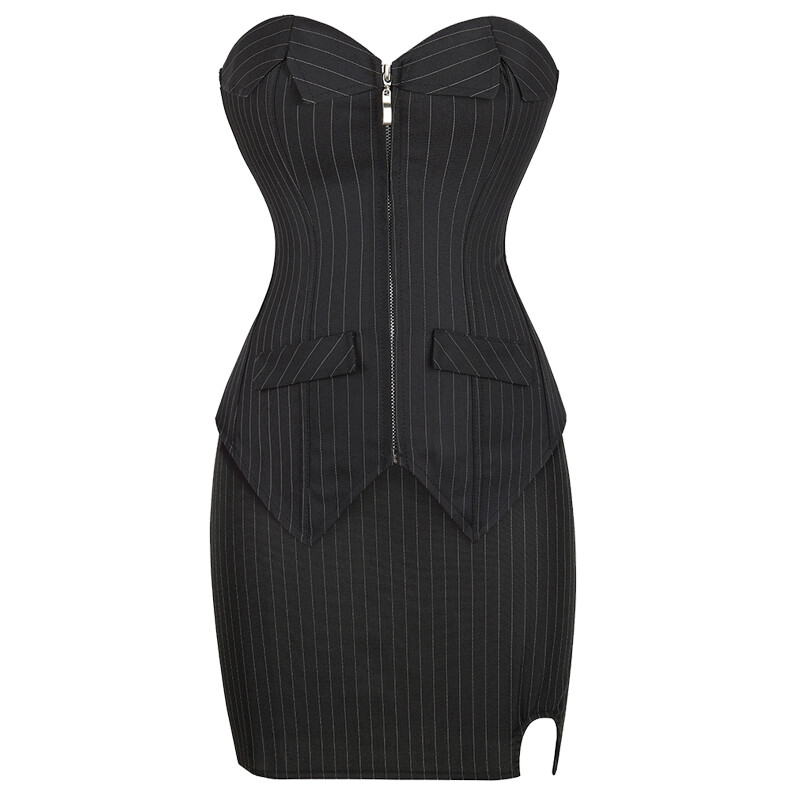 Women Satin Overbust Sexy Striped Corset Set with Mini Skirt Bustier Bodyshaper