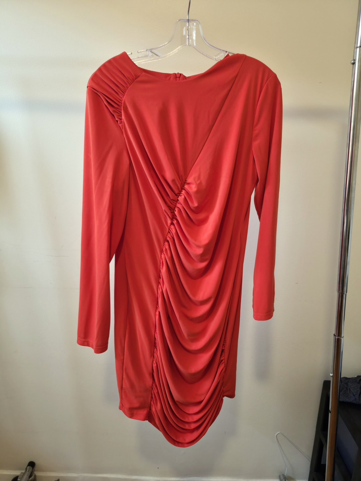 ZARA Orange/Red Ruched Bodycon Mini Dress Long Sleeve Asymmetrical Size XL