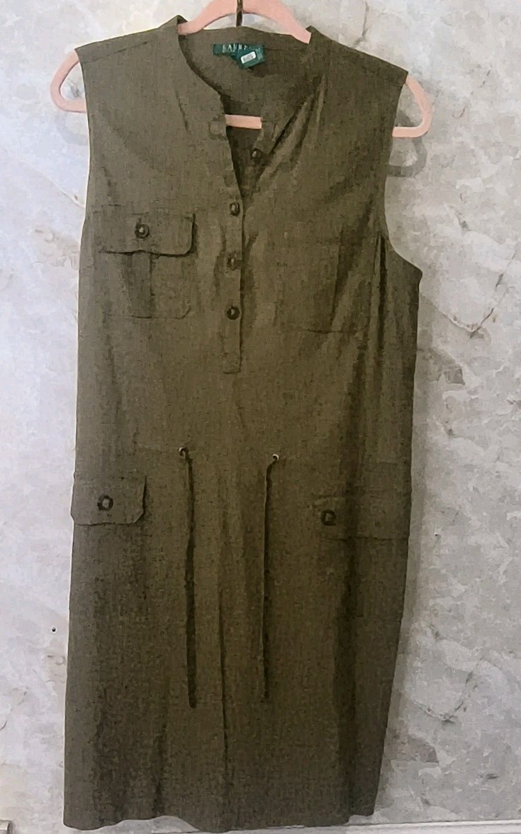 Lauren Ralph Olive Green Dress Fabric Viscose Blend Sleeveless Sz Lg Quality