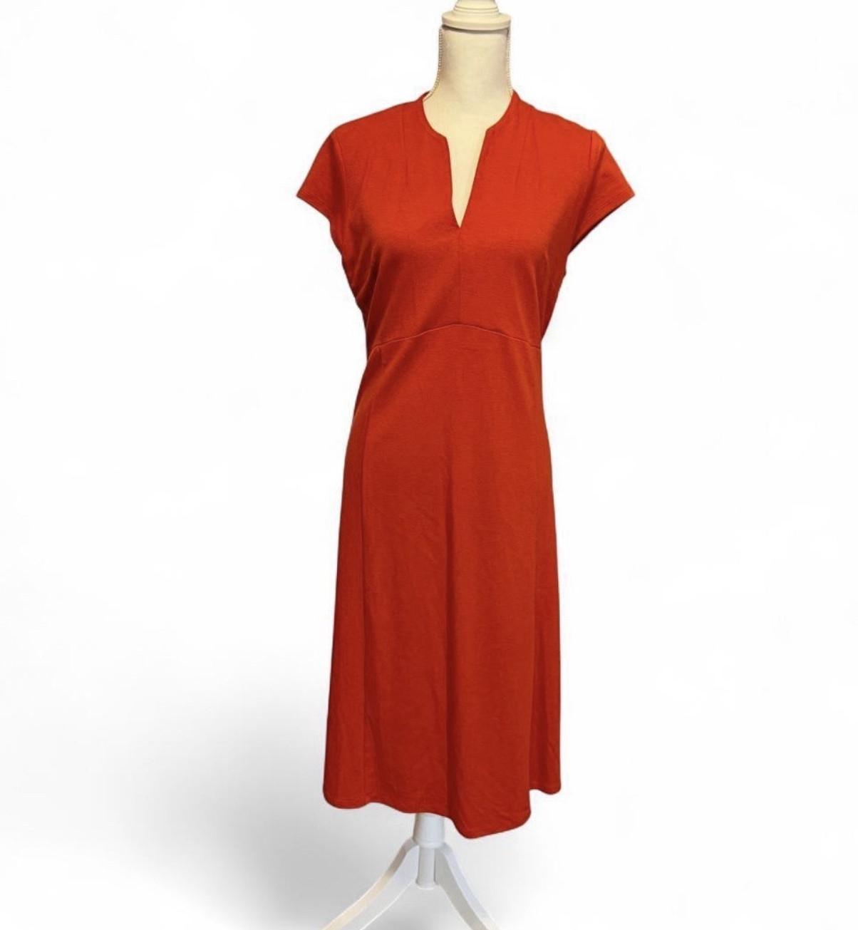 NWT J. Jill Red Solid V-Neck Cap Sleeve A-Line Midi Dress, Size M
