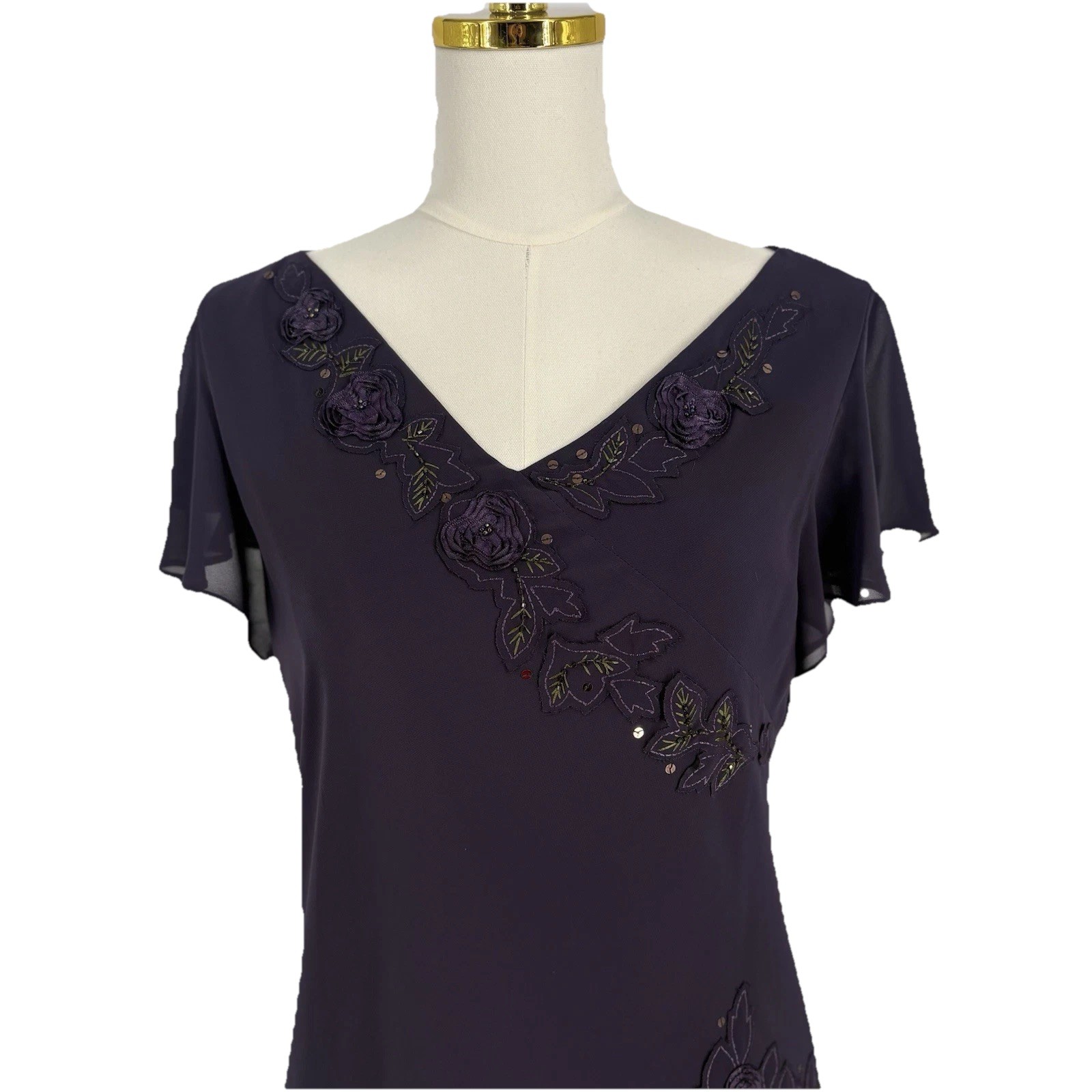 Coldwater Creek Womens Midi Dress 8 Purple Floral Beading Layered Fairy Grunge