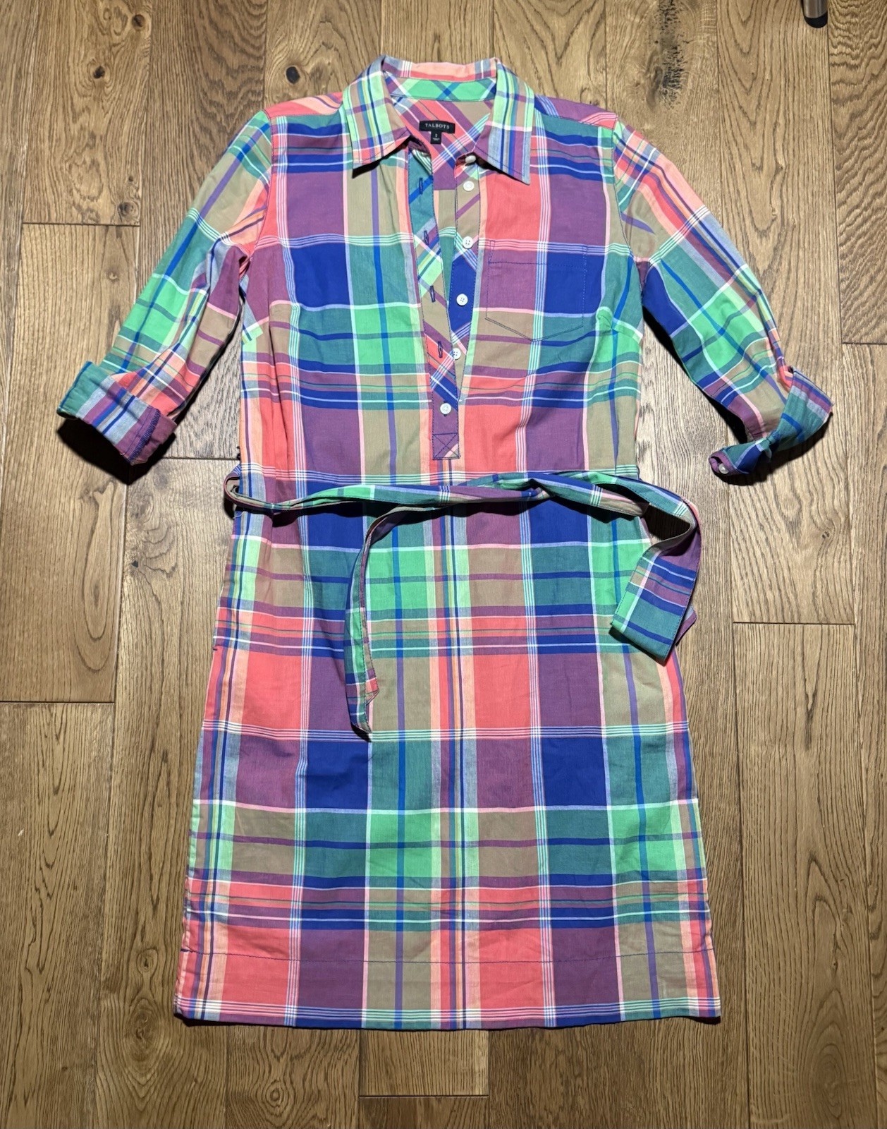 Talbots Plaid Shirt Dress Multicolor Midi Roll Tab Belted 100 % Cotton Size 2