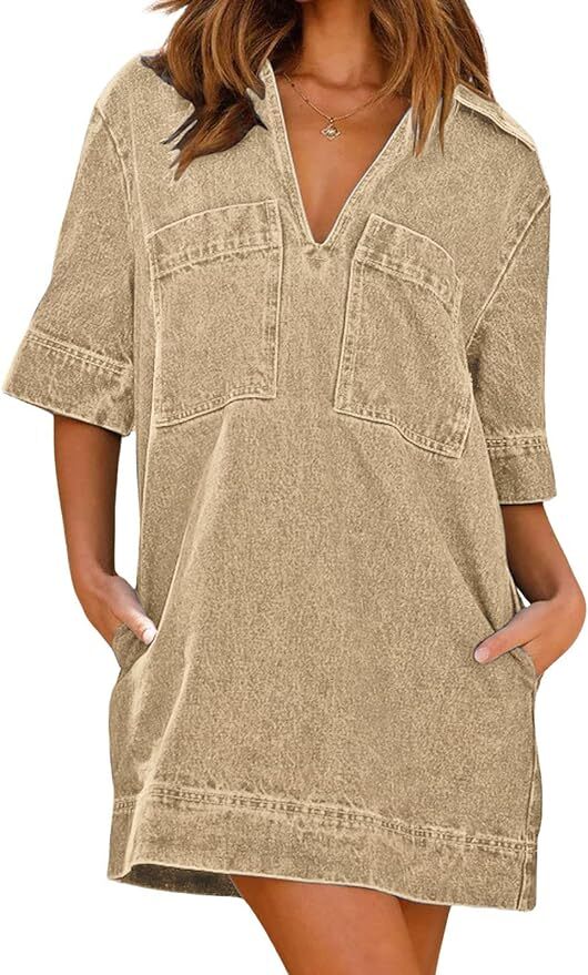 Women Loose Denim Dress Short Sleeve Casual Summer Dress Turn Down Pullover Vint