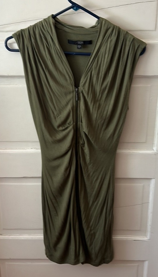 GUESS Sleeveless Olive Green Front Zipper Closure Slim-Fit Bodycon Mini Dress