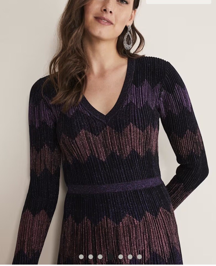 Phase Eight Enola Chevron Lurex Knitted Dress Fit & Flare Size 10 Purple