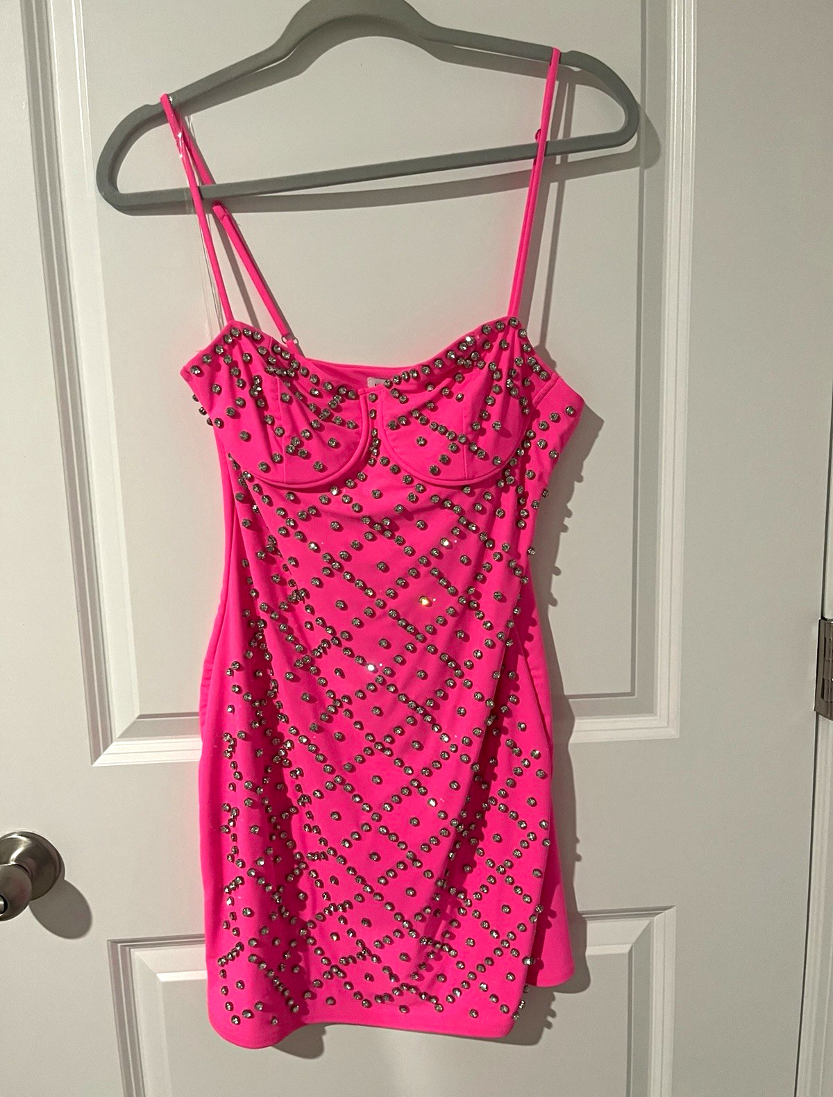 Hot & Delicious Hot Pink Rhinestone Sweetheart Strappy Lined Mini Dress L