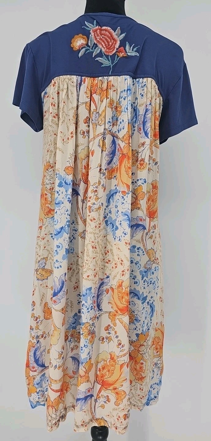 Karyn Seo Embroidered Dress Small Handmade Blue Jersey Cozy Boho Floral