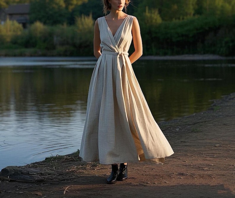 Sleeveless Linen Wrap Dress Rustic A-Line Maxi Dress for Women Summer Dress Hand