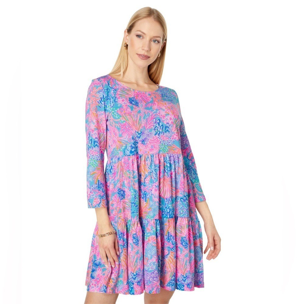 Lilly Pulitzer Geanna Dress All Over Print 3/4 Sleeve Tiered Ruffle Hem XXS