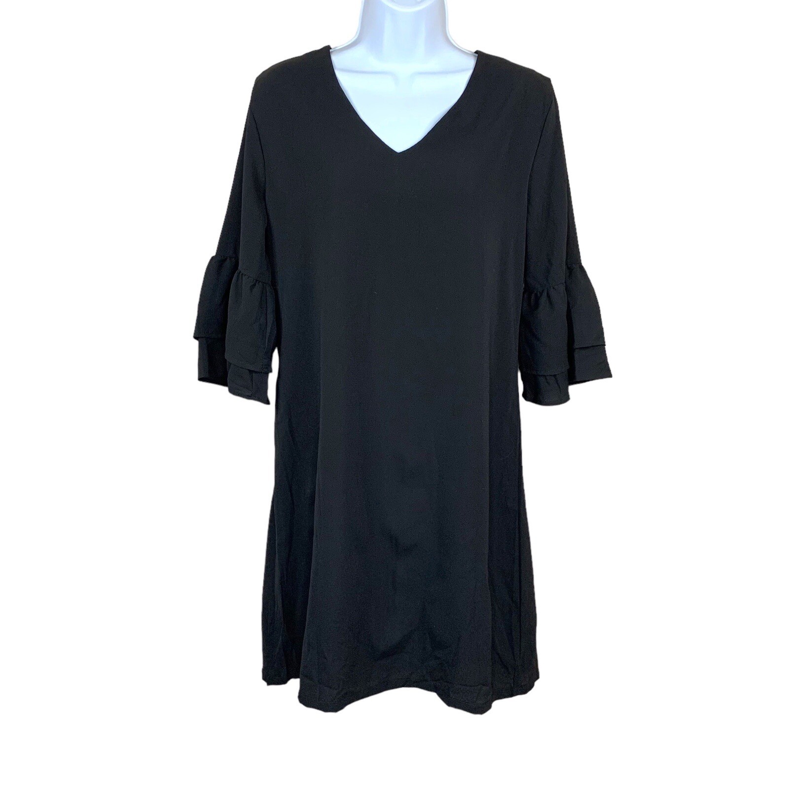 NEW Black V Neck Ruffle Bell Sleeve Dress Lnee Length Medium Opaque