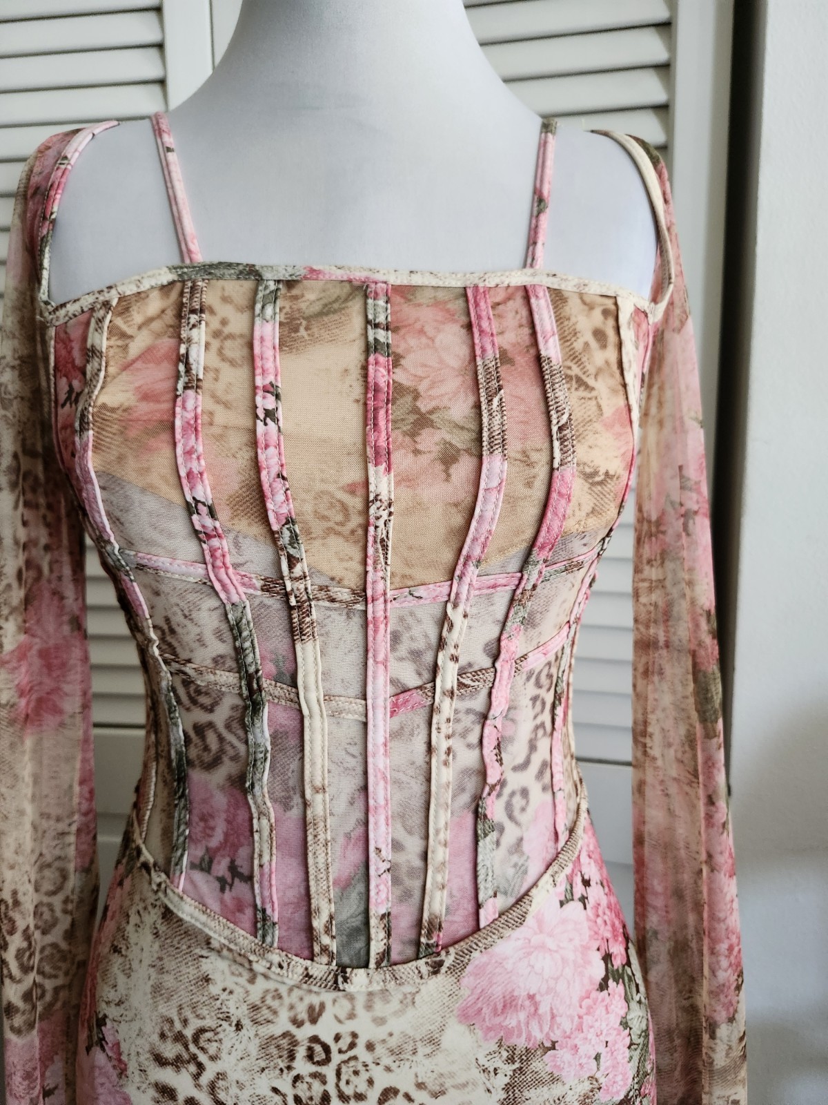 Omar Piragino Pink Dress Corset Sheer Mesh Fairy Flutter Cuffs Sleeve sz S Italy