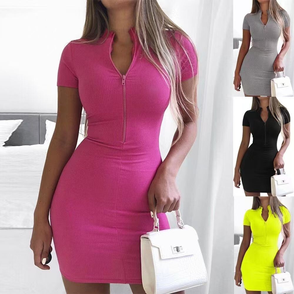 Women Summer High Neck Short Sleeve Bodycon Dress Slim Fit Clubwear Party Dress
