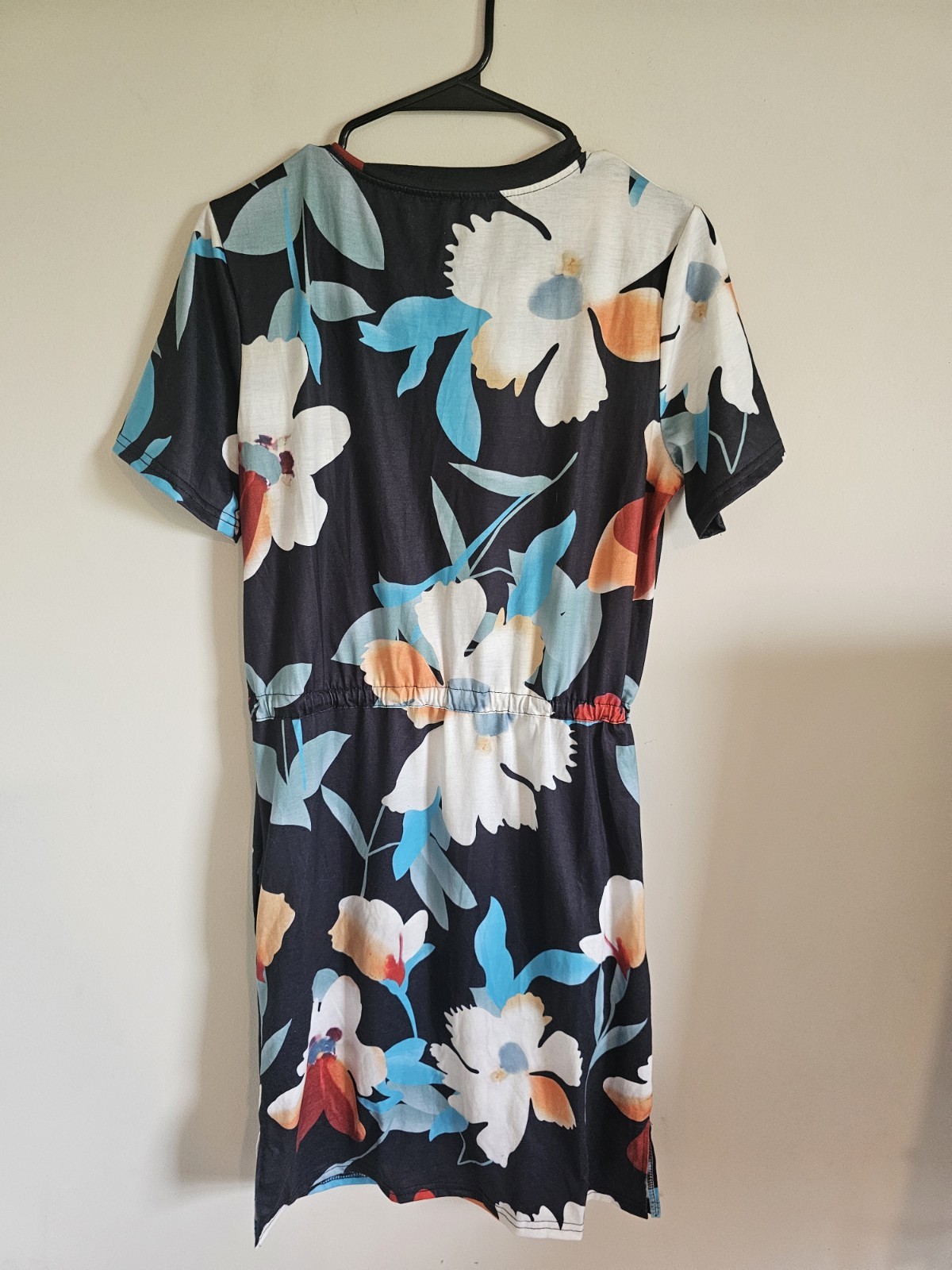 Black Floral T-Shirt Dress Short Sleeve Round Neck Drawstring Waist Pockets S