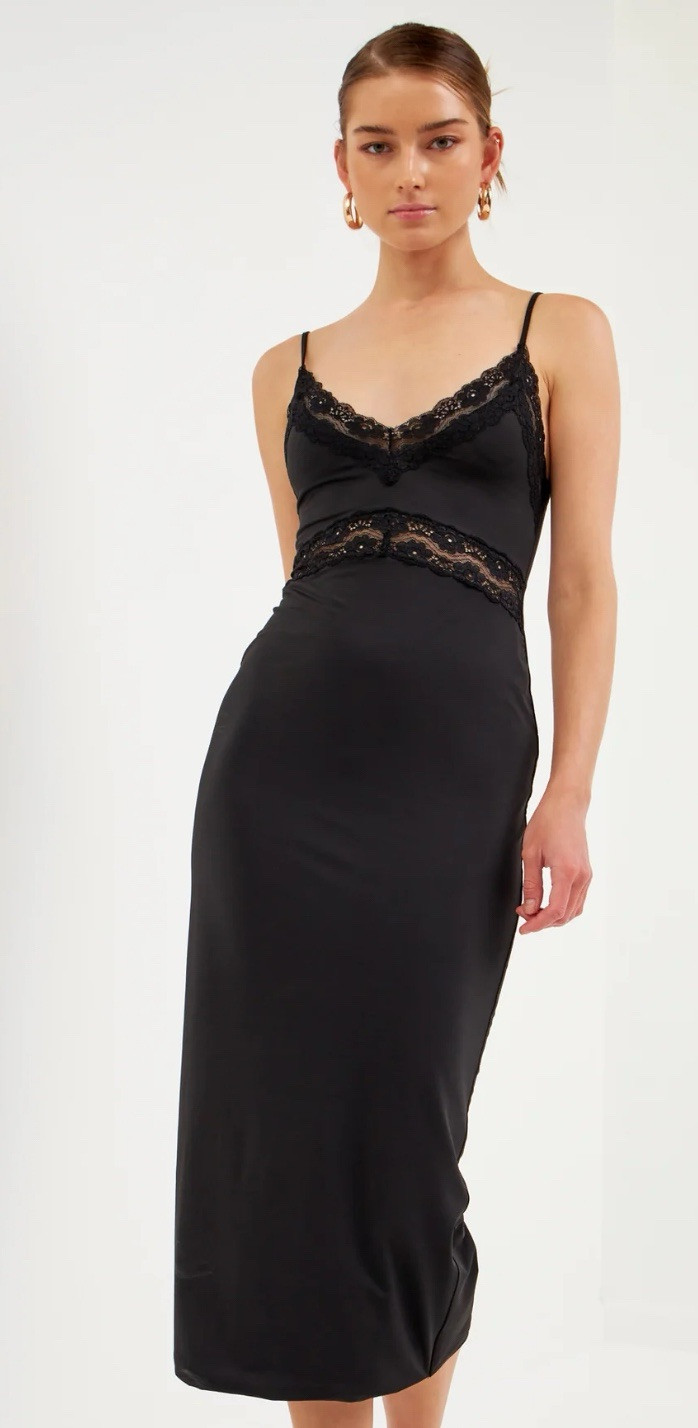 Anthropologie Endless Rose Lace Midi Slip Dress Black Satin LG Cocktail LBD NWT