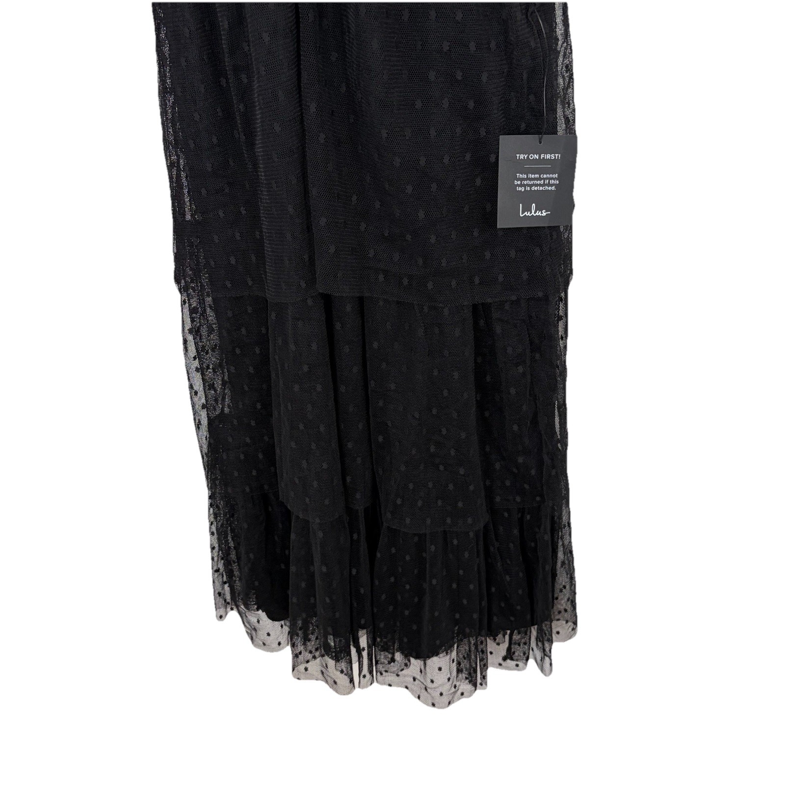 Lulus Medium Burnout Tie-Strap Bustier Midi Dress Polka Dot Tiered Black NWT