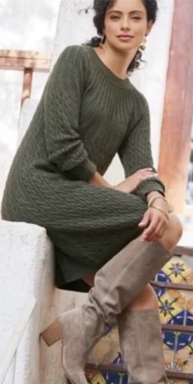 Soft Surroundings Cable Knit Sweater Dress Minimalist Sz S Cashmere Blend Green