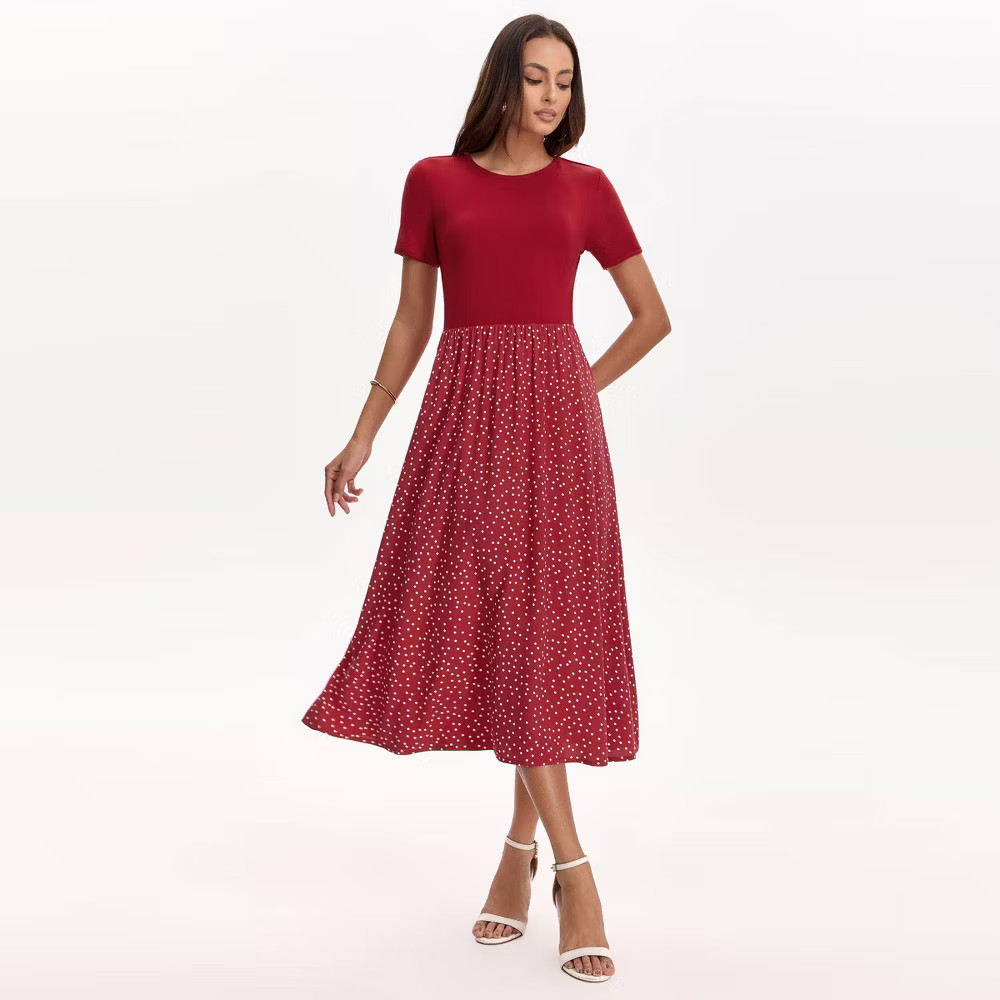 Women Short Sleeve Contrast Midi Dress – A New Day Red Polka