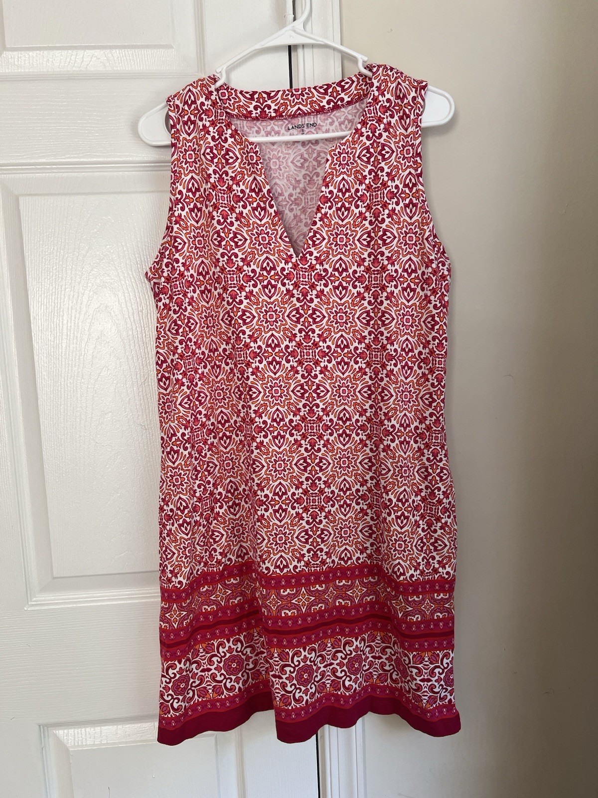 Lands’ End Pink & White Boho Bohemian Geometric Mini Shift Dress Small