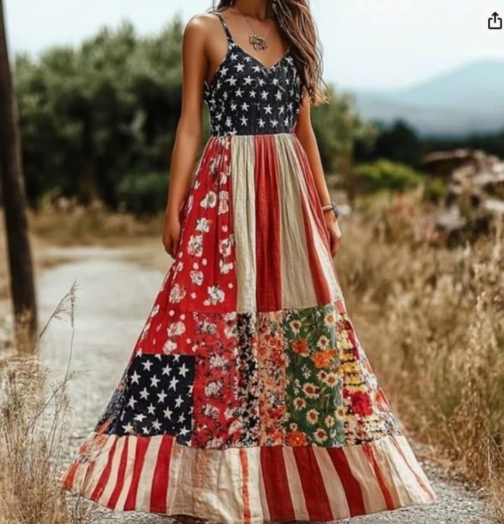 Women’s US Flag Printed Summer Breathable Sleeveless Summer Beach Dress Fashion