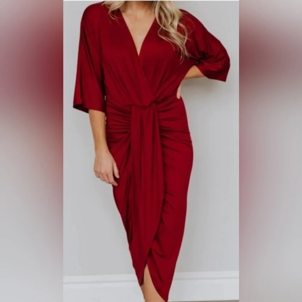 NWT Baltic Born Mimi Midi Dress Size Large Maroon Ruched Wrap Stretch Wedding