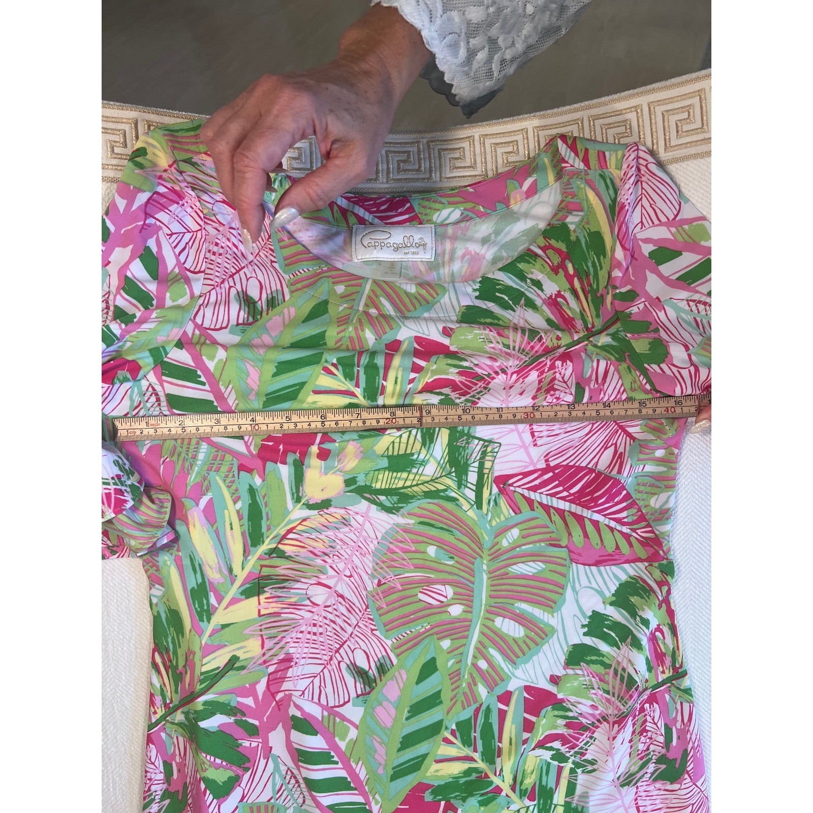 Pappagallo Pink Green Tropical Palm Leaf Ruffle Sleeve Shift Dress Knee Length