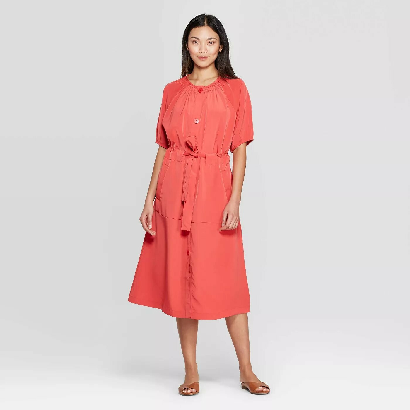 Prologue Women’s Elbow Sleeve Shirred Crewneck Midi Dress Red Size XS