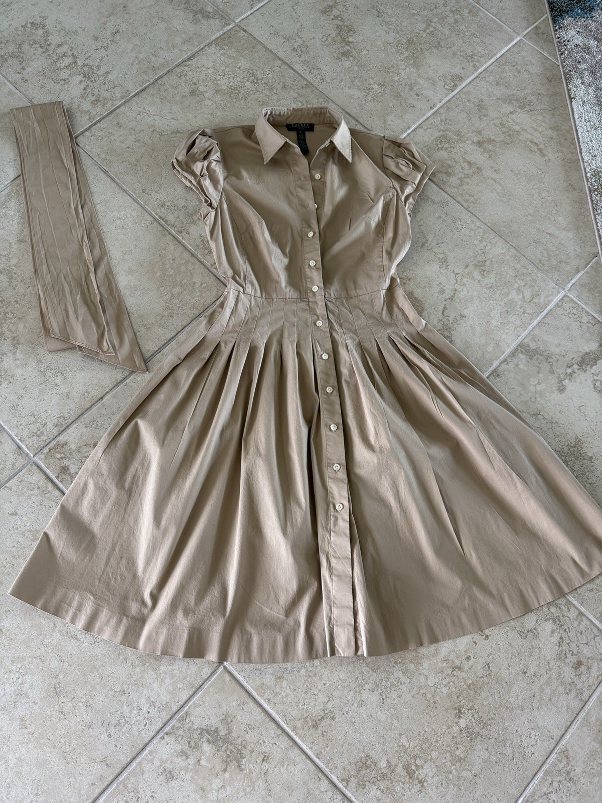 Sz 8 LAUREN Ralph Lauren Khaki Short Babydoll Sleeve Button-Front Swing Dress