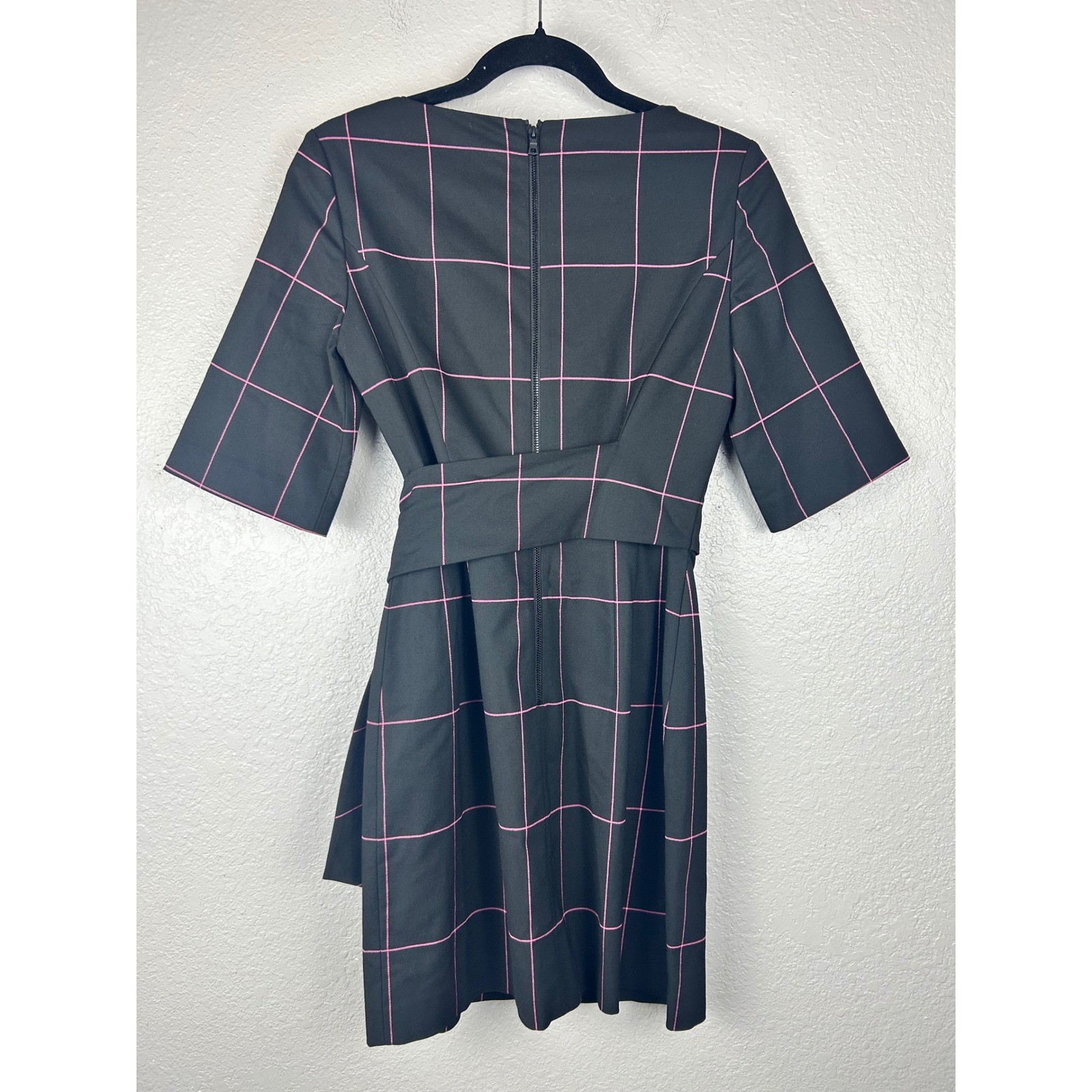 Alice + Olivia Black Pink Windowpane Tie Waist Virgil Mini Dress Size 2 NWT